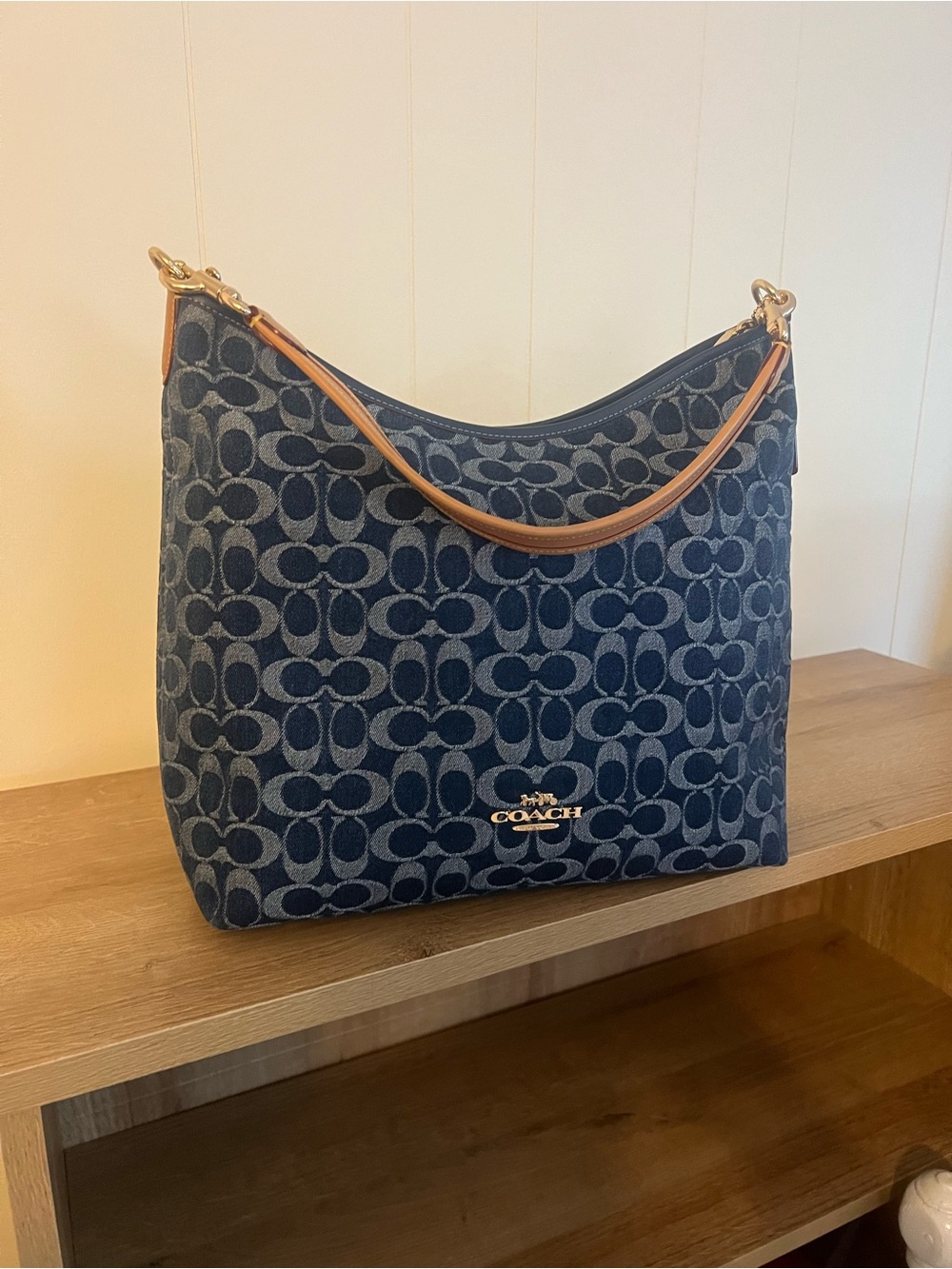 Coach Signature Denim Shoulder Bag with Tan Leather Strap